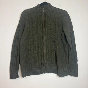 L.L.Bean Womens Olive Green Cable Knit Full Zip Cardigan Sweater Petite Large - Picture 1 of 4