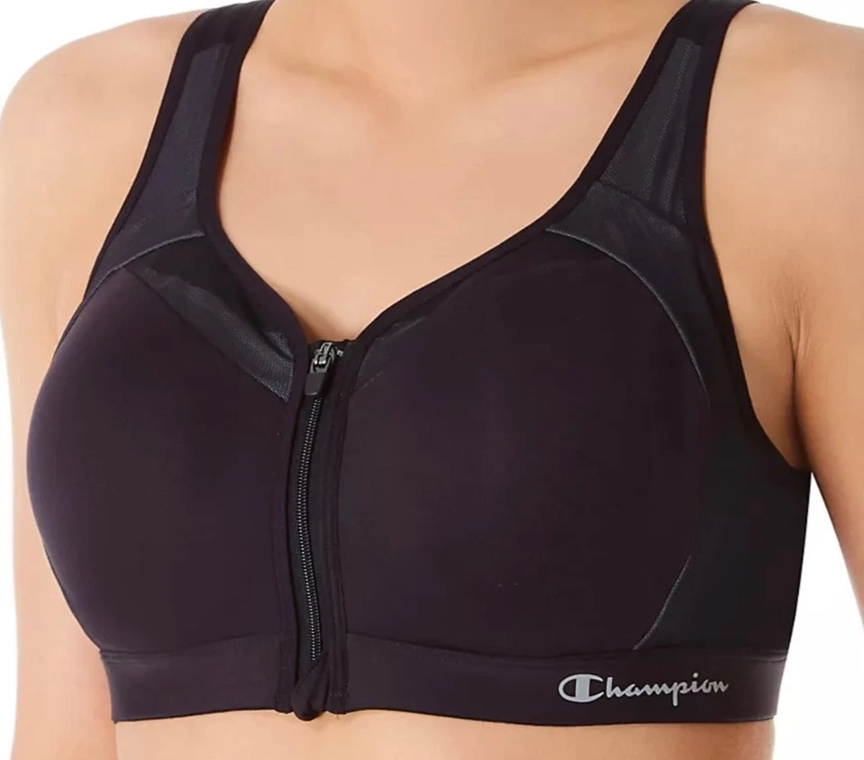 Champion Women's Motion Control Zip Front Sports Bra B1525-001 Size 42DD Black