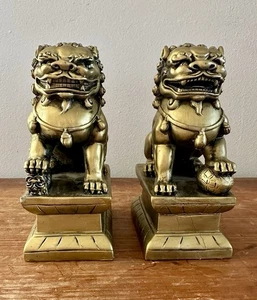 Vintage Pair Chinese Foo Dogs Guardian Lions Male Female 6.5”H Gold Feng Shui - Picture 1 of 6