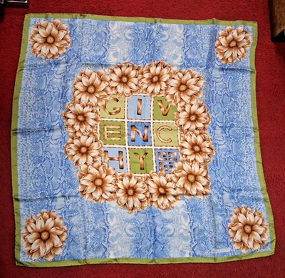 GIVENCHY  34" Square Logo Silk Scarf Blue Green Brown - Image 1 of 2