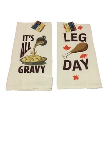 Juego de 2 Toallas Saco Harina Acción de Gracias "LEG DAY & IT'S ALL GRAVY" NUEVO CON ETIQUETAS - Imagen 1 de 4