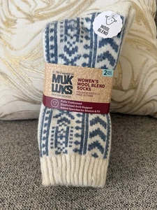 Muk Luks Womens Socks Wool Blend Crew 2 Pair Shoe Size 6-11 Fully Cushioned - Picture 1 of 7