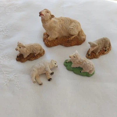 Lot de 5 Santons Moutons Floqués Anciens Devineau Crèche de Noël - Photo 1/4