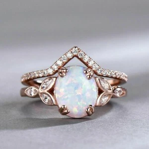 2CT Oval Cut Simulated Fire Opal Vintage Bridal Ring Set 14k Rose Gold Plated - Picture 1 of 5
