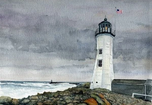 Scituate Lighthouse, Mass. Stormy South Shore. Rob Thorpe Watercolor Notecards - Picture 1 of 2