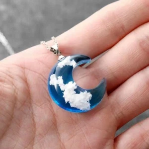 Blue Night Sky Crescent Moon Necklace Resin with White Clouds Aesthetic Jewelry - Picture 1 of 6