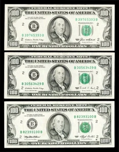 Billetes de 100 dólares 1985 1988 1993 (3) de la Reserva Federal de Nueva York todos de buena calidad HQ - Imagen 1 de 2