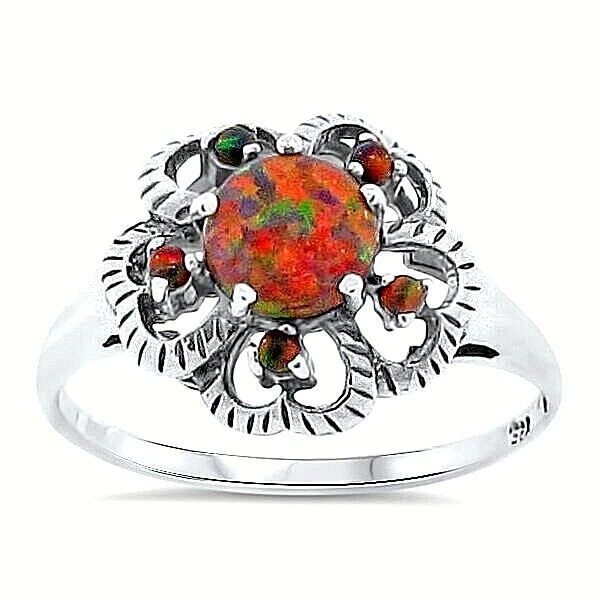 HEARTS VICTORIA ANTIQUE STYLE 925 STERLING SILVER LAB RED FIRE OPAL RING    138Z - Image 1 of 1