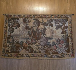 Antique French Wool Tapestry Dog Birds Botanical Foliage Lake Nature 42" X 68"  - Picture 1 of 7