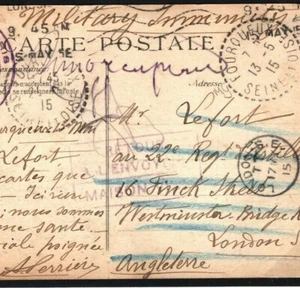 FRANCE Fouroueux WW1 *Military Immunity* Postcard Returned GB London 1915 M334 - Picture 1 of 5