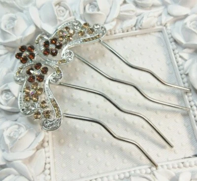 3D 烟熏黄玉奥地利水晶发叉棒别针适用于马尾辫和 up do's — 第 1/4 张图片