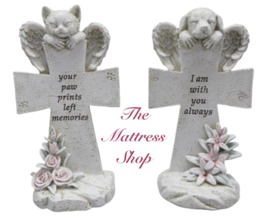 ~❤️~MEMORIAL Ángel Durmiente Gato/Perro Alas Cruz Placa Estatua Estatuilla 18cm Foto 1 de 2