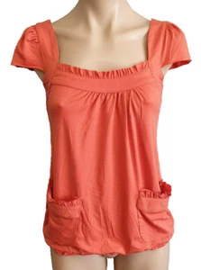 BNWT Ladies Sz S 10 MAR Q From USA Orange Ruffle Pocket Cap Sleeve Summer Top - Foto 1 di 2