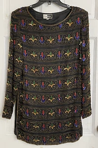 Vintage CARINA Silk Sequin Tunic Top Dress Lined Multi Bead Works Long Sleeve - Picture 1 of 9