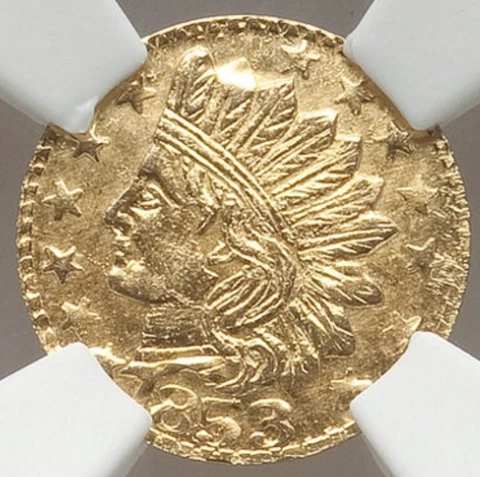 1853 California Gold Token, Indian - Wreath #8 / NGC MS67! Error Cover