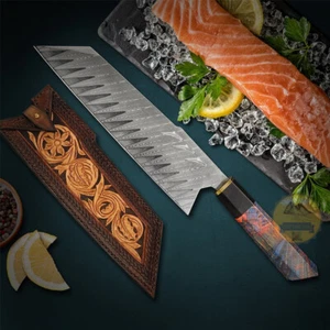 8" DAMASCUS STEEL SANTOKU KNIFE HANDMADE JAPANESE TANTO CHEF KNIFE WITH SHEATH - Picture 1 of 8