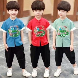 2pcs Kid Boy Shirt Ankle Pants Set Embroidered Dragon Chinese Style Summer Stage - Picture 1 of 14