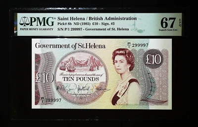 SAINT HELENA £10 1985 P8 PMG 67 SUPERB GEM UNC EPQ QEII BODY PORTRAIT HIGH S/N - Image 1 of 2