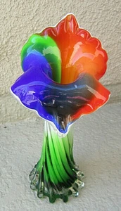 VINTAGE COLLECTIBLE 8" RAINBOW CALLA LILLY JACK IN THE PULPIT RIBBED MURANO VASE - Picture 1 of 11