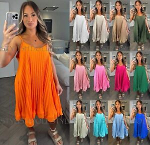 Women's Ladies Pleated Frill Strappy Cami Summer Oversized Swing Shirt Dress Top