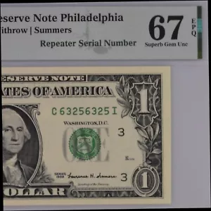 1999 $1 FRN Philadelphia PMG 67 Superb Gem Repeater Serial Number 63256325 - Picture 1 of 4