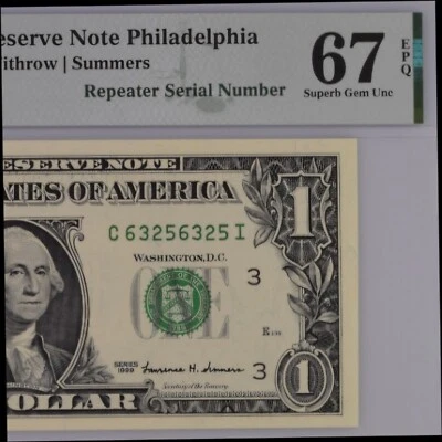 1999 $1 FRN Philadelphia PMG 67 Superb Gem Repeater Serial Number 63256325 - Image 1 of 4