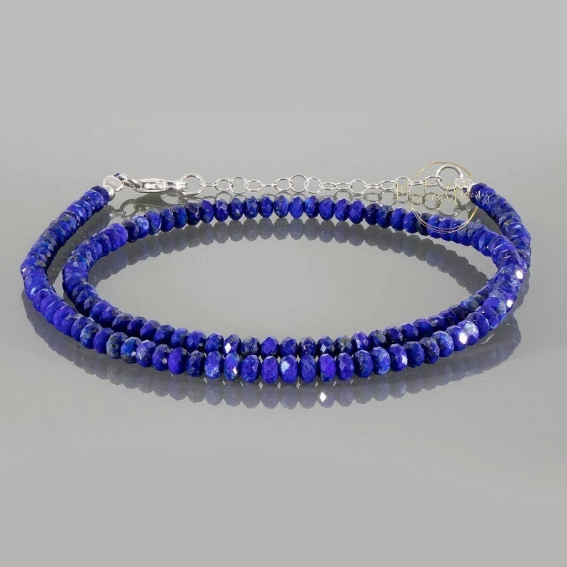 Collana 18" perle pietre preziose rotonde sfaccettate lapislazzuli blu reale ... - Immagine 1 di 4