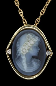 750/- 18kt Kette mit 585/- 14Kt Kamee, kleine Diamanten, guter Zustand - Bild 1 von 3
