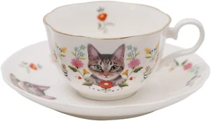 Ceramic Cat and Flower Coffee Mug Teacup Set with Saucer - Picture 1 of 6