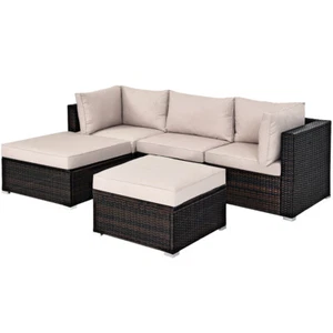 5PCS Patio Rattan Furniture Set Sectional Conversation Set Ottoman Table Beige - Picture 1 of 12