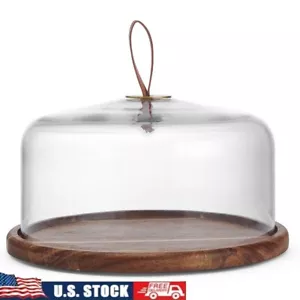 Elegant Wood Cake Plate Stand W/ Glass Dome 2-Piece Set Serving Desserts New - Picture 1 of 7