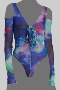 $350 Versace Jeans Couture Women's Blue Space V-Neck Bodysuit Size IT 44/US 8 - Picture 1 of 3
