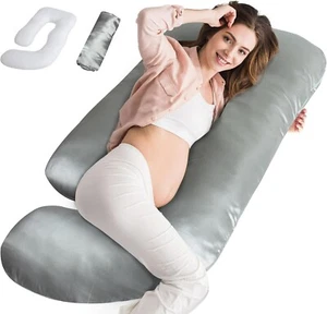 Silky Satin Pregnancy Pillow U-Shaped Full Body Maternity Pillow With Cover Gray - Picture 1 of 6