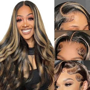 28 Inch Balayage Highlight Lace Front Wig Human Hair 13x6 HD Lace Front Wigs ... - Picture 1 of 7