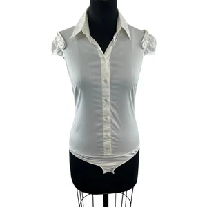 Patrizia Pepe White Bodysuit Cotton Stretch Collared Cap Sleeve Button-Up Sz 42 - Picture 1 of 8