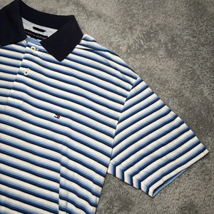 Tommy Hilfiger Men’s Large Short Sleeve Blue And White Stripped Polo Shirt - Picture 1 of 16