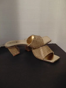 Women's Gold Rhinestones Designer Slides Block Heel Sandals-Size9 Wedding Prom - Picture 1 of 15