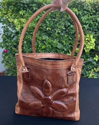 Cavo Cognac Brown Italian Real Leather Floral Tooled Cutout Tote Bag Tan Handbag - Image 1 of 4