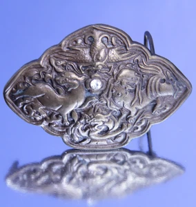 Hebilla de cinturón Bergamont Brass Works años 70 - Foo Dogs & Dragon - Piedra blanca - Imagen 1 de 5