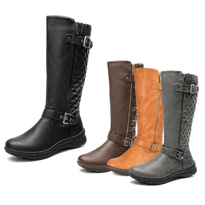 Women Knee High Boots Flat Heel Faux Fur Lined Zip Up Riding Boots - Image 1 of 2