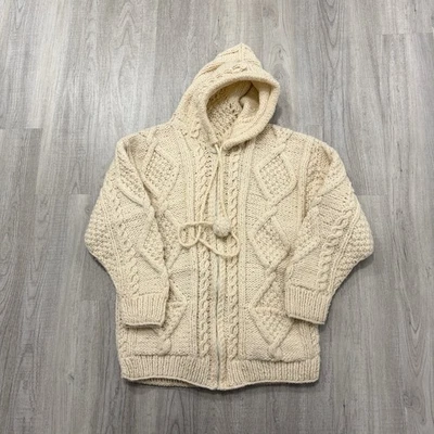 Suéter vintage de malha manual com zíper completo médio creme malha de cabo anos 80 com capuz vovó - Imagem 1 de 4
