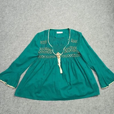 Odd Molly Blouse 2 - M Green Cotton Woven Sequined Elastic Boho Top 261A Medium - Image 1 of 4