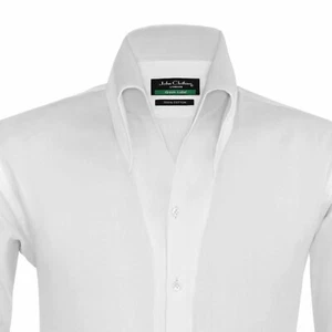Para hombres Blanco Algodón Alto Abierto Cuello Abotonado Sin Botones Novio Conjunto Camisa - Imagen 1 de 18