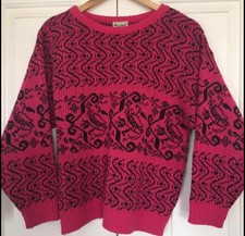 Vintage 80s Mischief Jumper Sweater Oversized Hot Pink Abstract Floral Bird