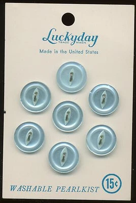 7 LUCKYDAY 9/16" LIGHT BLUE PEARLKIST 2 HOLE BUTTONS ON CARD NEW NEVER USED - Image 1 of 2