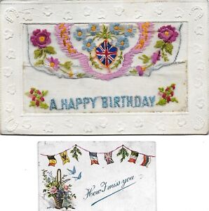 Silk Embroidered Postcard France Happy Birthday How I Miss You World War 1