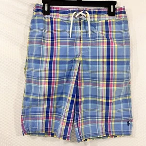 POLO RALPH LAUREN Boys Blue Pink Plaid Logo Board Shorts Lined Youth XL 18-20 - Picture 1 of 7