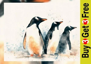 Penguin Parade Walk 5"x7" Print on Matte Paper | Lively Watercolor Wildlife Art - Picture 1 of 17