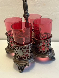 VICTORIAN ANTIQUE CRANBERRY GLASS DRINK CADDY/CASTOR, HIBERNIAN CLUB - Picture 1 of 24