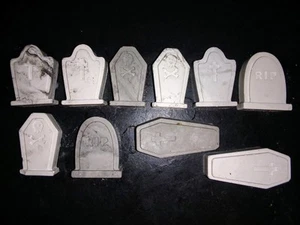 Dollhouse Miniature Tombstones - 8 Plaster Tombstones And 2 Coffins - Picture 1 of 2